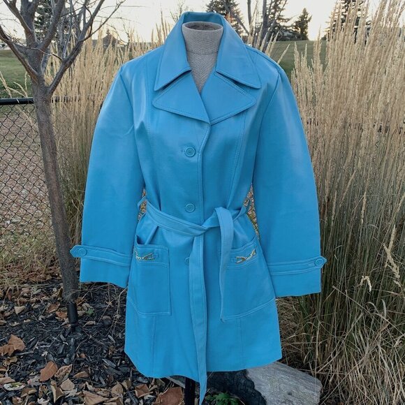 Vintage 60s 70s Faux Leather Trench Coat Belted Light Blue Overcoat - Picture 1 of 14